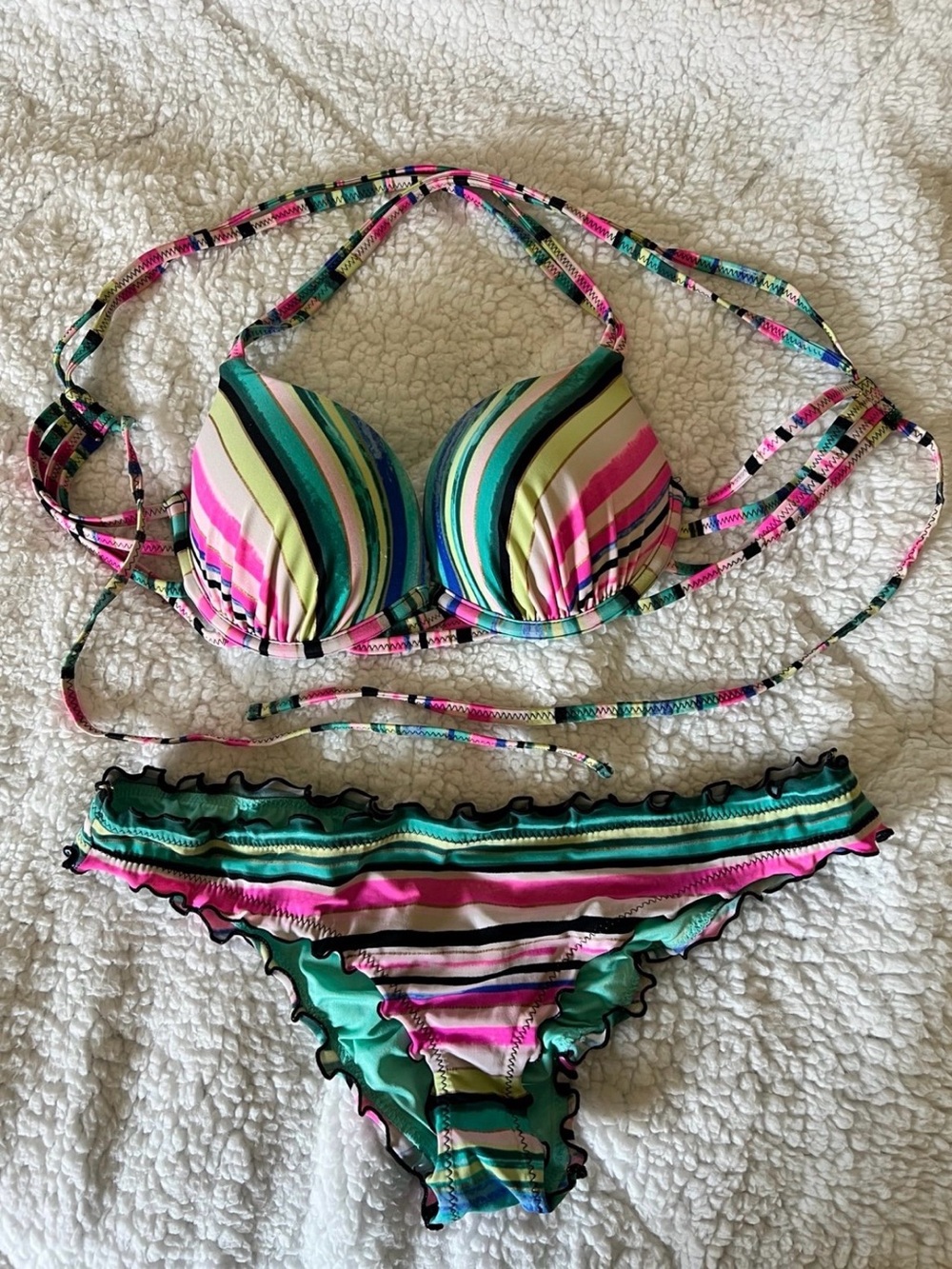 Shade & Shore Multicolor Striped Push-Up Bikini - Pink, Teal & Green